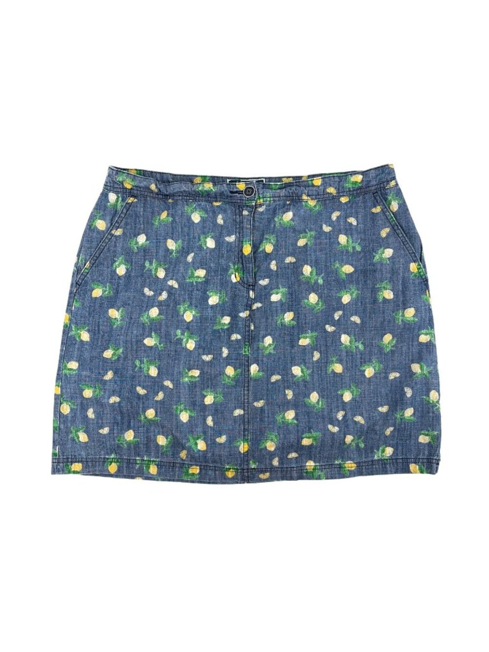 Karen Scott Womens Size 14 Lined Skirt Lemon Print Chambray Blue Summer Casual